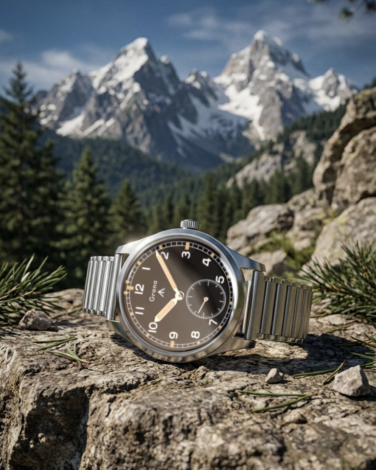 Wristwatch on a rock with mountainous landscape in the background
